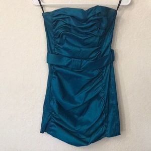 Jessica McClintock strapless dark teal mini dress